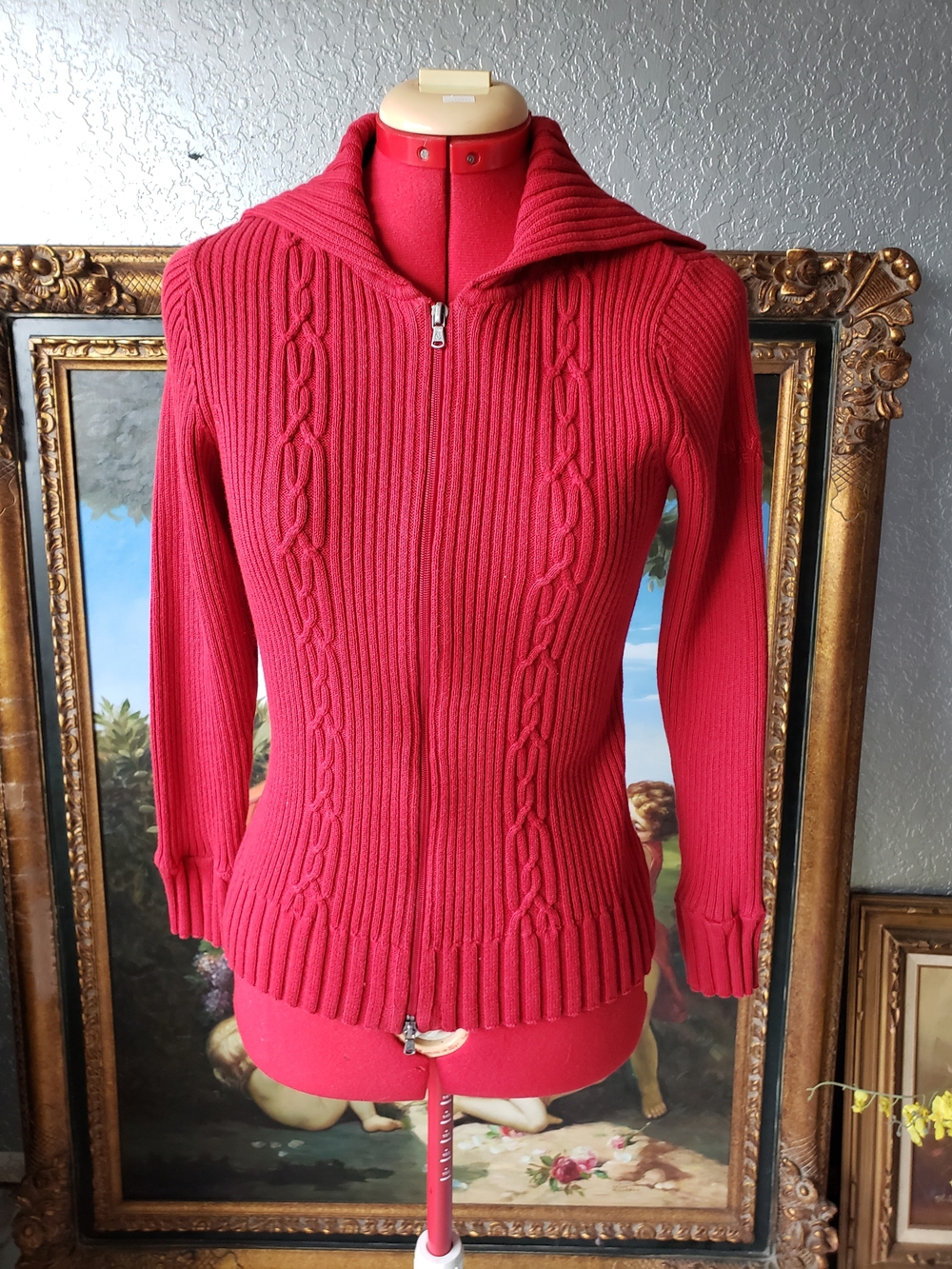 Nautica Red Zip-Front Cable Rib Turtleneck Sweater